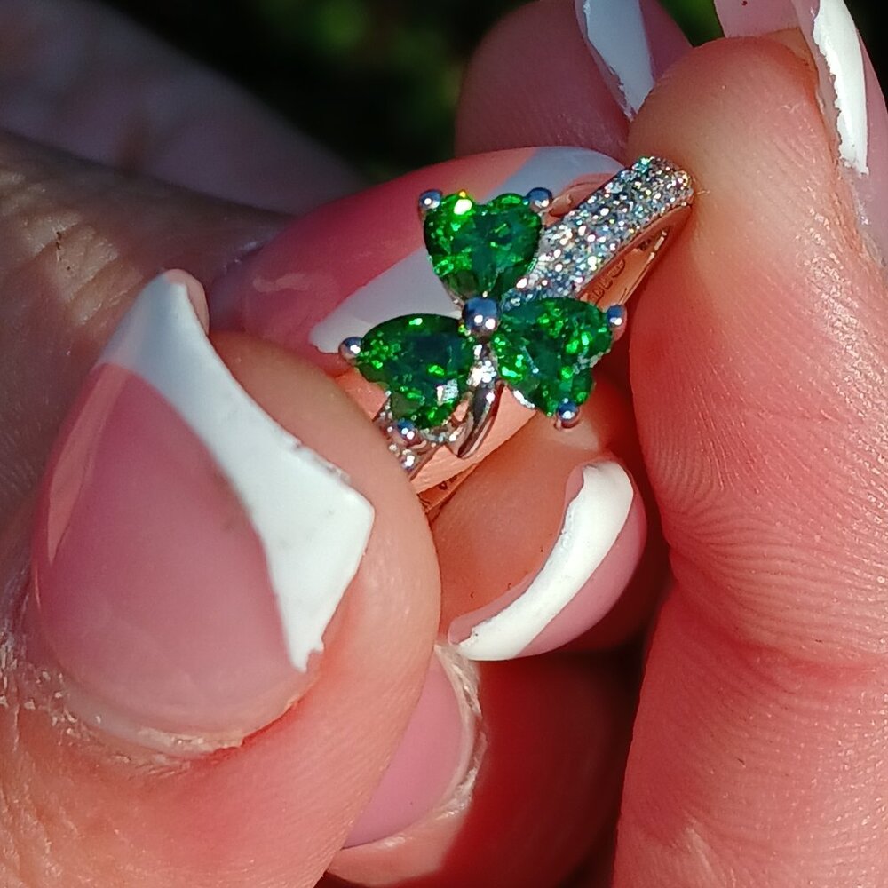 Solvar Irish Three Leaf Clover Shamrock Sterling Silver Green Crystal CZ Ring - Picture 3 of 14